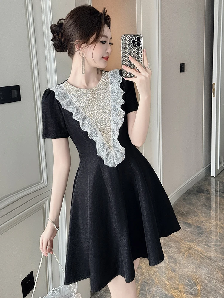 ชุดราตรีผู้หญิงสีดำลูกไม้ระบายแขนสั้นทรงเอเข้ารูปมินิเดรสสั้นหรูหราแฟชั่นงานปาร์ตี้พรอมชุดใหม่