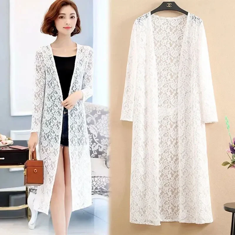 Nice New Summer Women's Cardigan Long Sleeved Lace Sun Protection Suit Mid Length Shawl Air-conditioned Jacket Thin Outerwear Sh