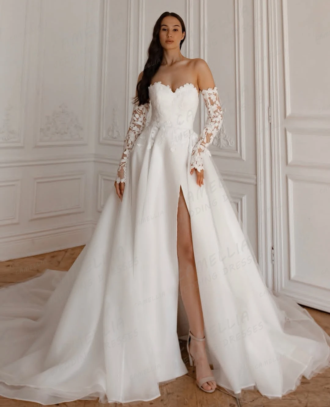 

Простые кружевные свадебные платья с аппликацией, женские сексуальные свадебные платья с разрезом по бокам, элегантные платья с открытой спиной, Vestidos De Novia по индивидуальному заказу