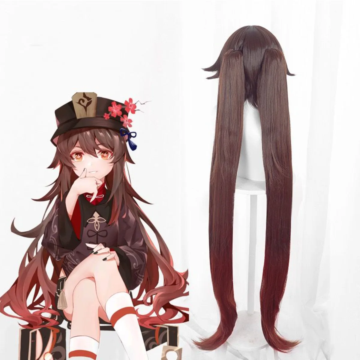 Peluca de cosplay Hu Tao de Genshin Impact con dos colas y degradado rojo-marrón, peluca completa liviana