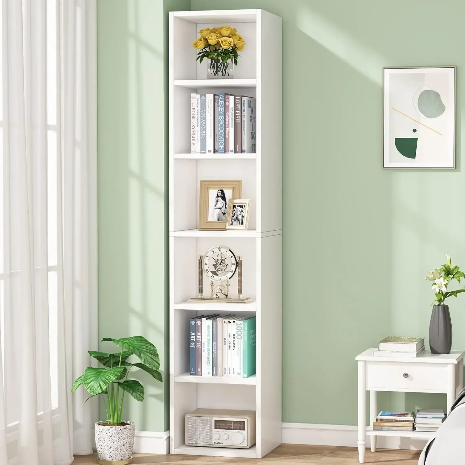 70.9 Inch Tall Narrow Bookcase, Modern White Corner Bookcase with Storage, 6 Tier Cube Display Shelves for Home Office