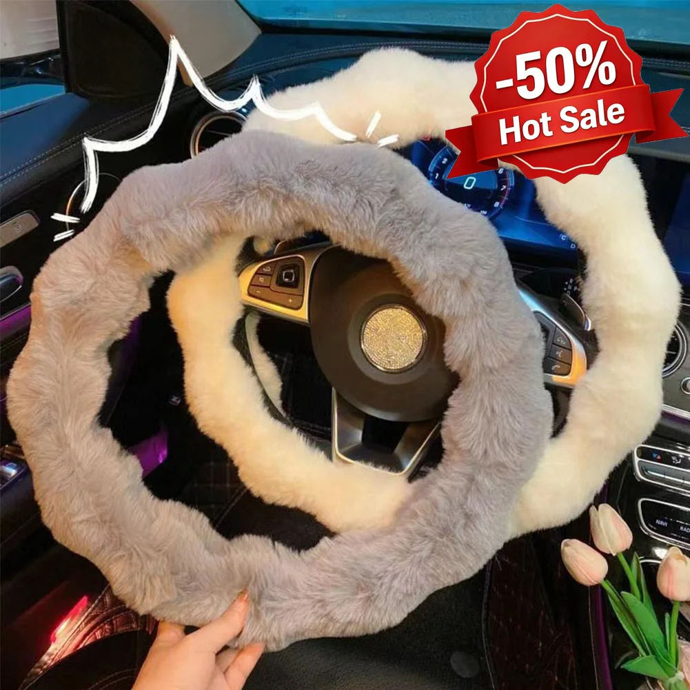 New Fuzzy Car Steering Wheel Cover Fluffy Soft Fur Wheel Protector for Warm Winter 15'' Anti-Slip Steering Wheel Covers