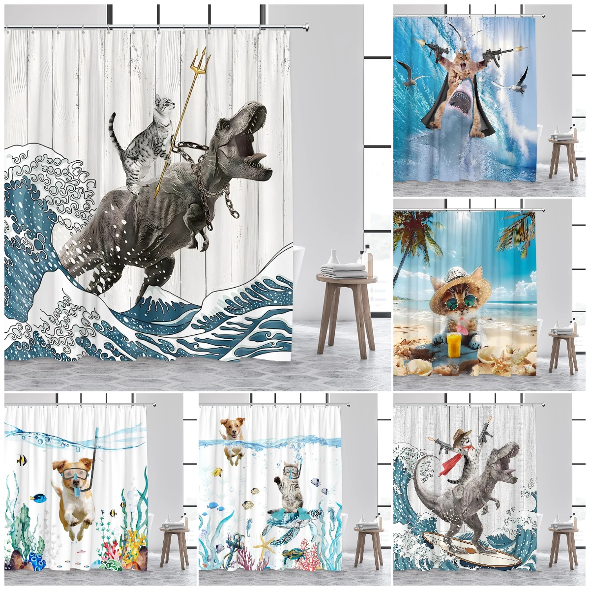 

Funny Cat Riding Dinosaur Shower Curtain Diving Dog Sea Waves Turtle Beach Ocean Landcsape Kids Bath Curtain Home Bathroom Decor