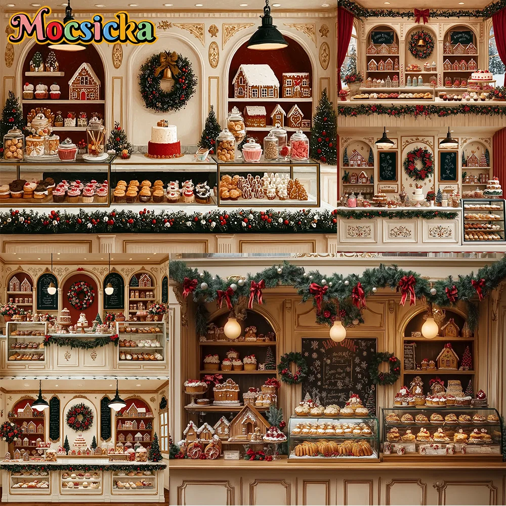 Mocsicka Christmas Bakery Shop Photography Backdrop Gingerbread House Pastry Dessert Counter Xmas Photo Studio Background Props