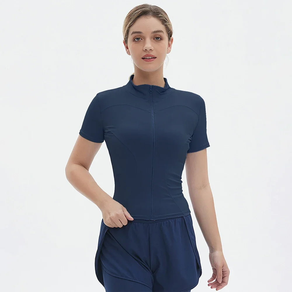 

Summer Sunscreen Quick Drying Yoga Tight Nude Standing Tie Zipper Sports Top Short Sleeve