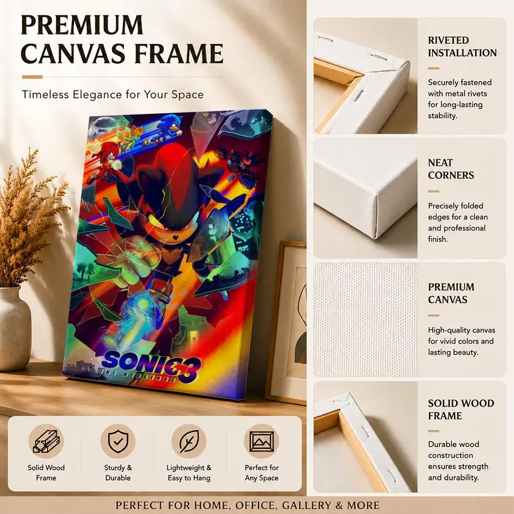 Classic Cartoon Game S-Sonic Framed Wall Painting Canvas Art Poster with Solid Wood Frame for Living Room Home Decor