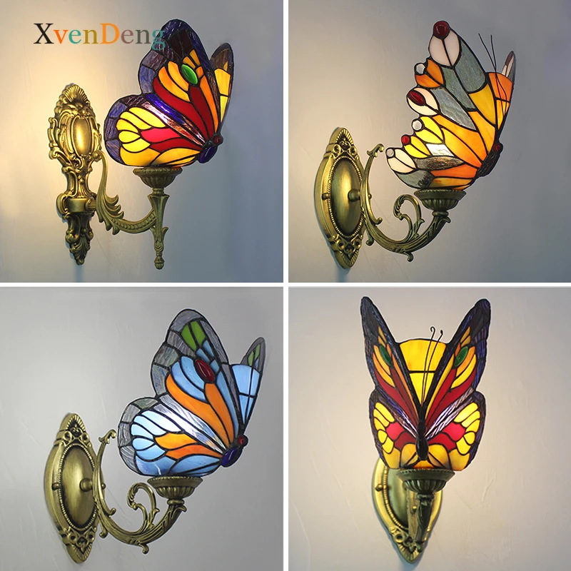 Tiffany Butterfly kinkiet Vintage witraż szklana ściana Liights dla domu Lof Decor śródziemnomorski kinkiet lustro do sypialni światło