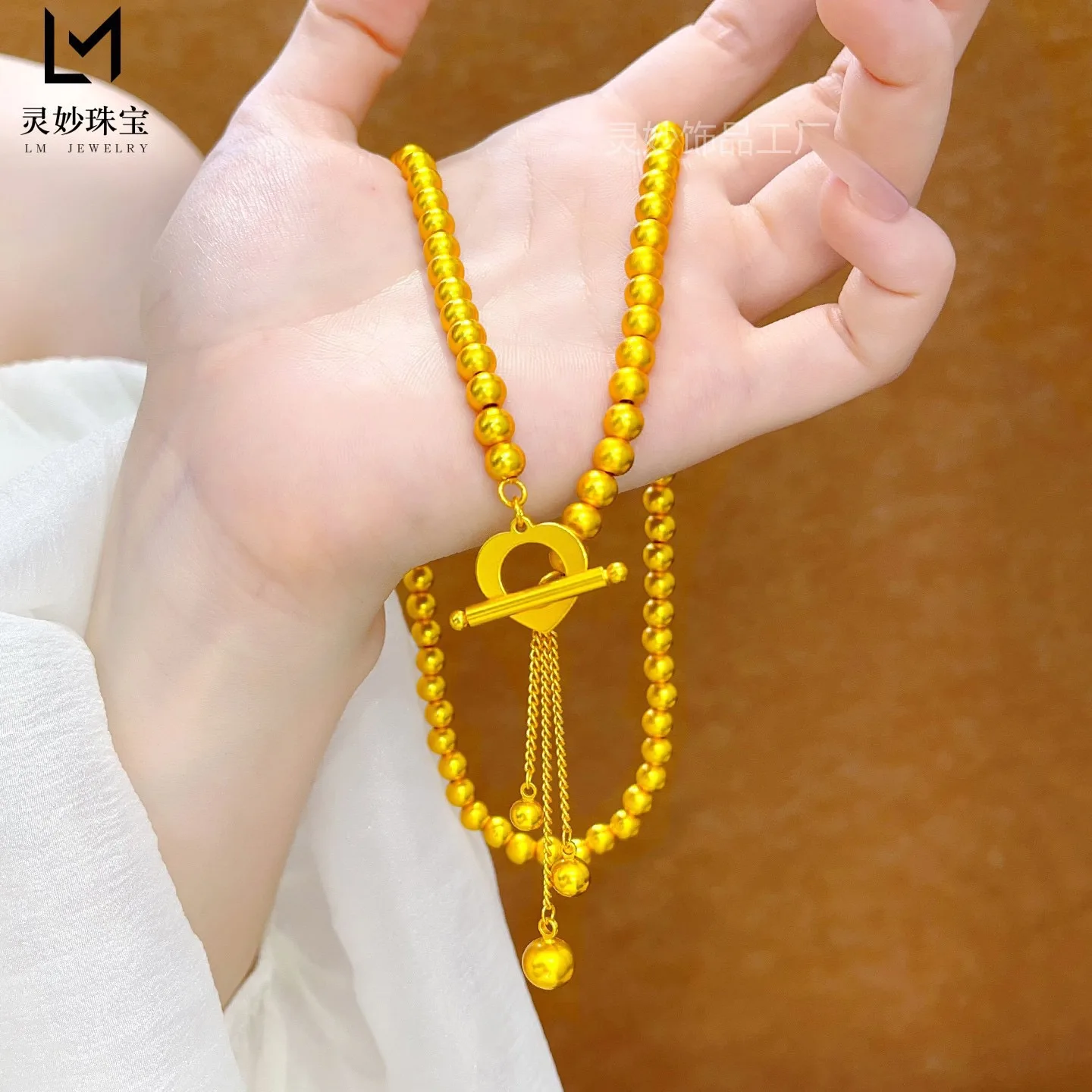 9999 24K gold antique fashion round bead gold necklace women's gold jewelry