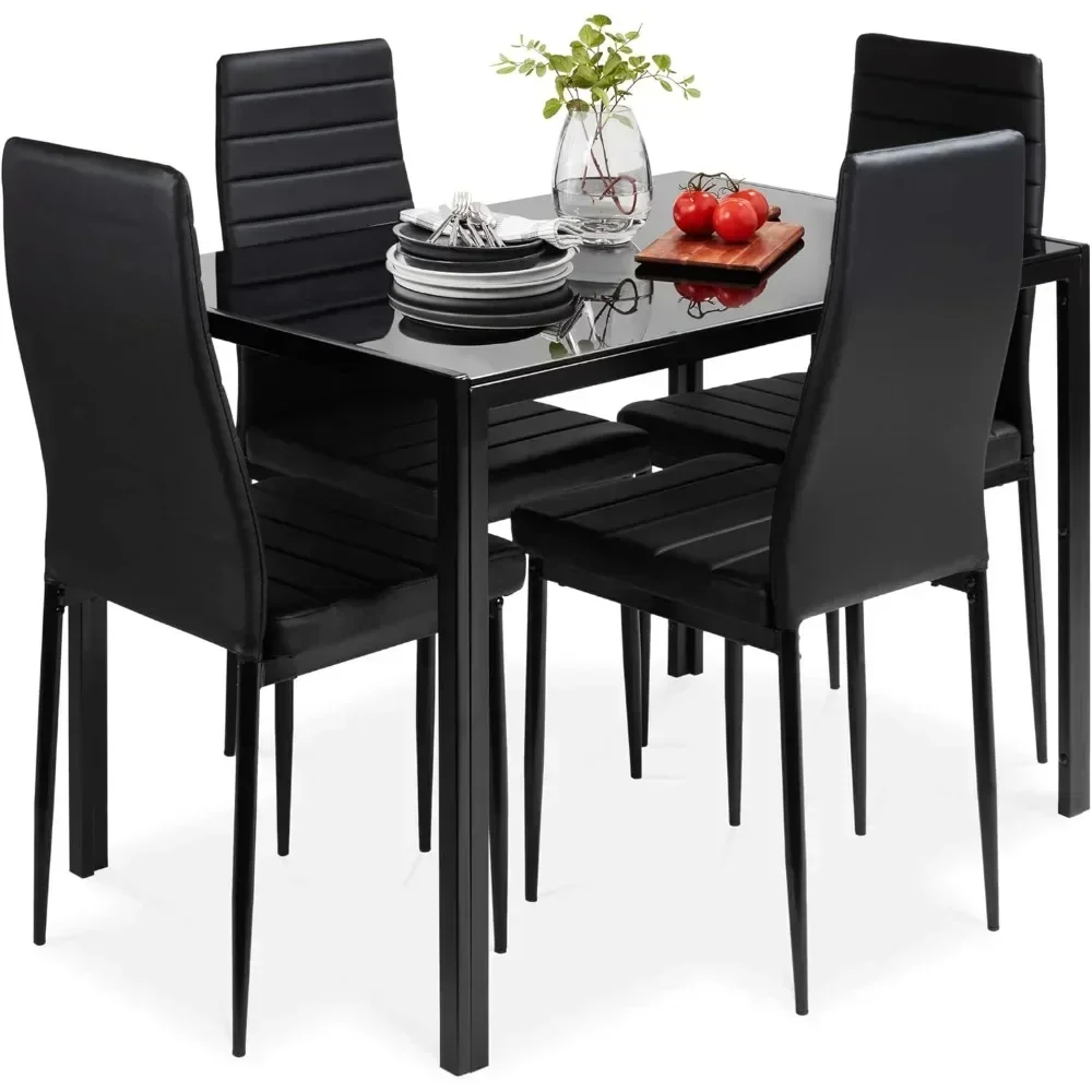 

5-Piece Glass Dining Set, Modern Table for Dining Room, Dinette, Compact Space-Saving w/Glass Tabletop, 4 Upholstered PU Chairs
