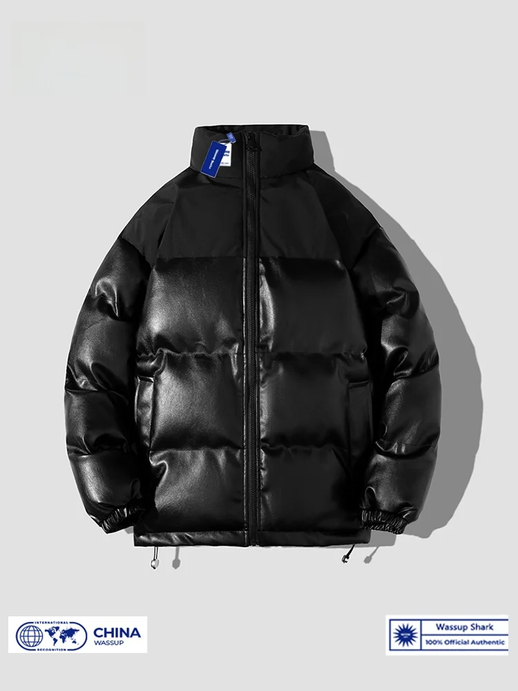 

Wassup ark Winter Thiened Warm Stand Collar Puffer Jaet ex Cotton down Jaet Waterproof PU Leather Coat for Teens