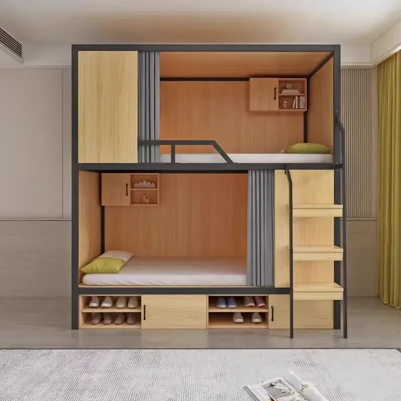 Upper and lower bunk beds School dormitory apartment bed Youth hostel space capsule all-inclusive bed Steel wood combined mother