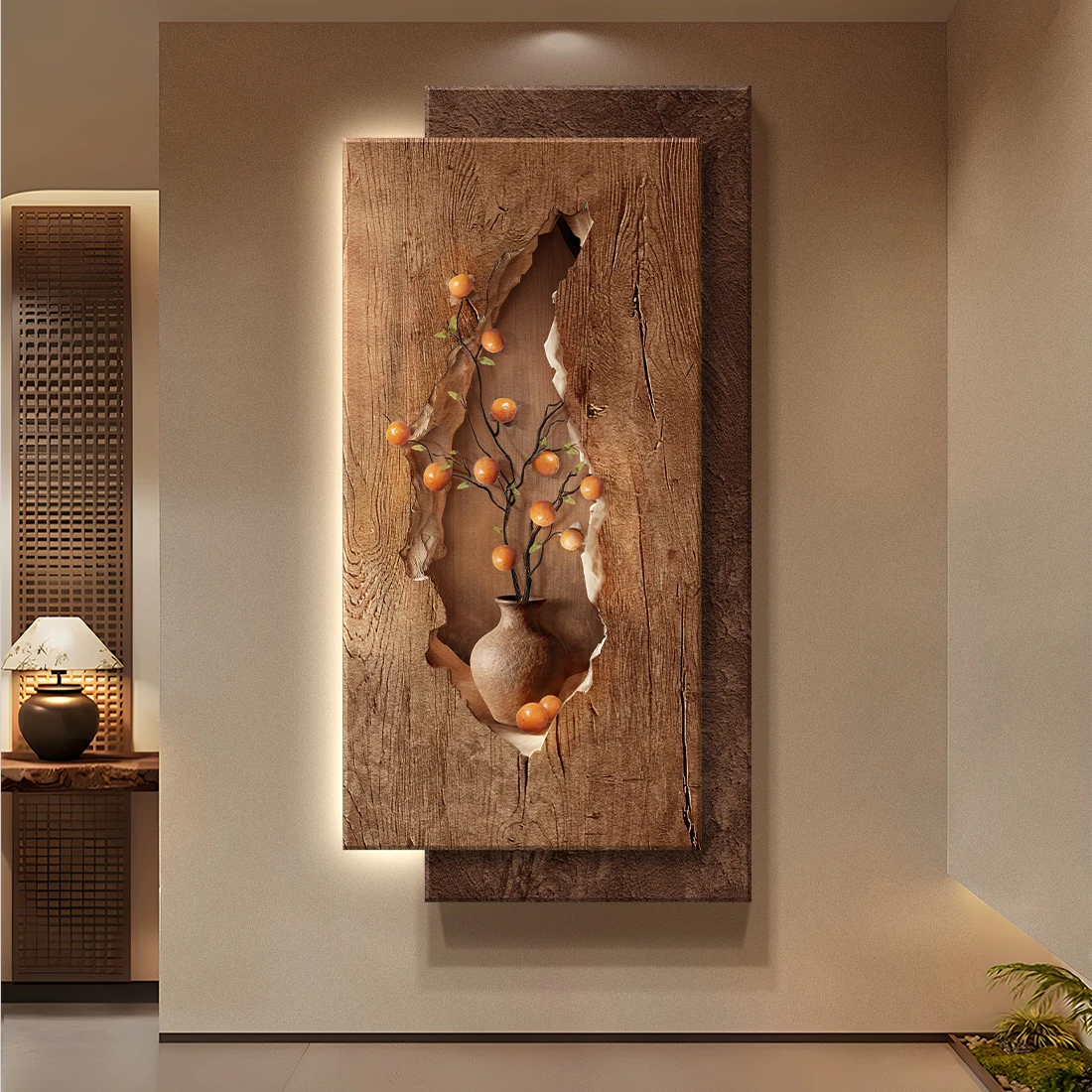 Chinese medieval style persimmon auspiciousness foyer decor painting; new Chinese style corridor hallway luminous wall painting;