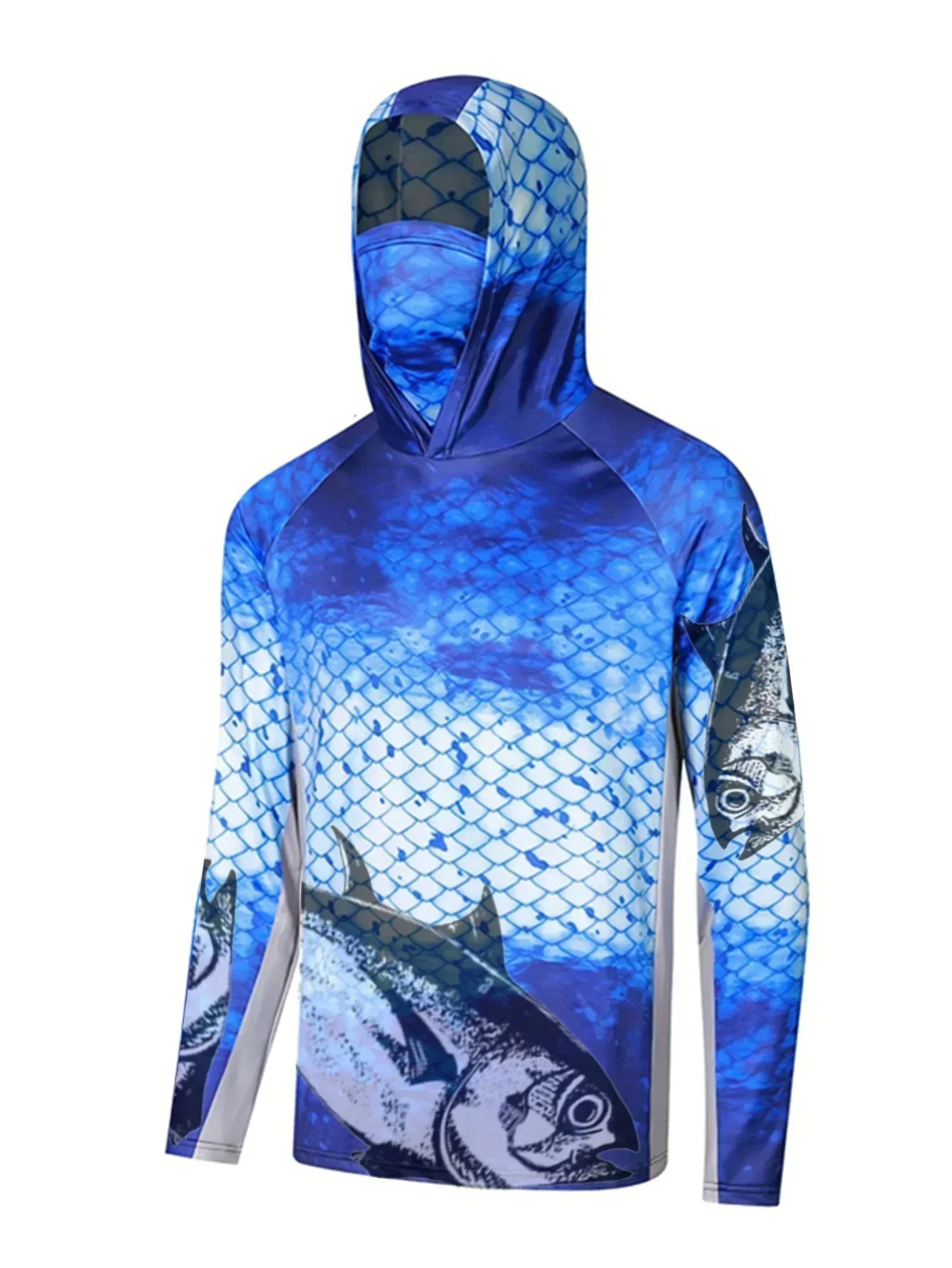 Blue Fish Scale Tuna Graphic Herren-Angelhemd mit Kapuze, integrierte Gesichtsbedeckung, UPF50+, Sonnenschutz, schnell trocknende Langarm-Oberteile – Detail 2