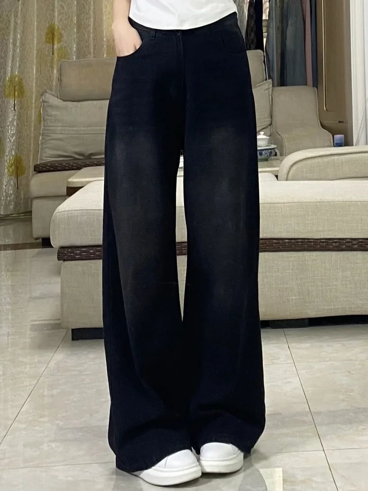 กางเกงยีนส์ทรงตรงขาบานไซส์ใหญ่สำหรับผู้หญิง  ฤดูใบไม้ร่วง ฤดูหนาว ทรงหลวม เอวสูง ช่วยให้ดูผอม  ขายาวถึงพื้น