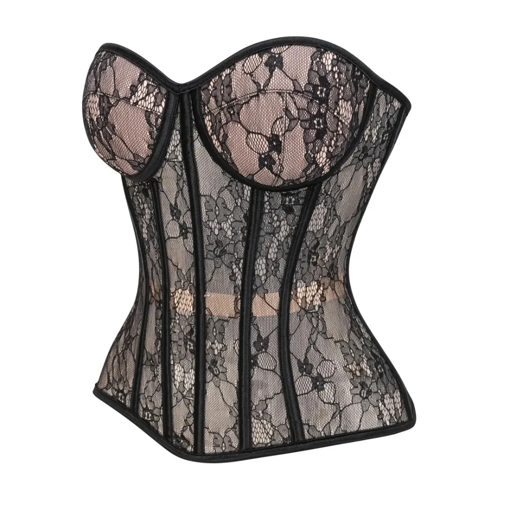 

Women Transparent Lace Corset Bustier With Cups Lace Up Steel Boned Crop Tops Strapless Mesh Bodices For Party Streetwear