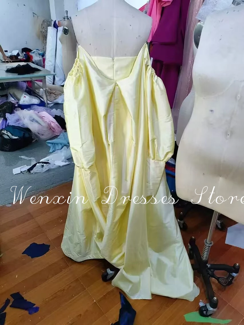 Formal Yellow Straight Strapless Detachable Sleeve Chiffon Evening Dress Sweep Train Puff sleeves Open Back Celebrity Gowns 2024