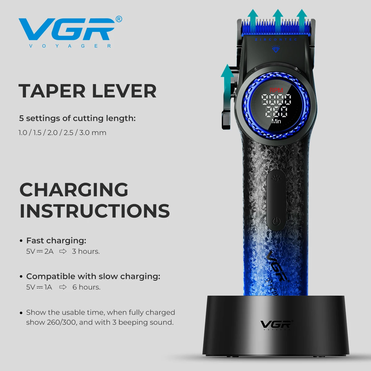 VGR Hair Trimmer 9000 RPM for Men, Rechargeable Barber Clipper