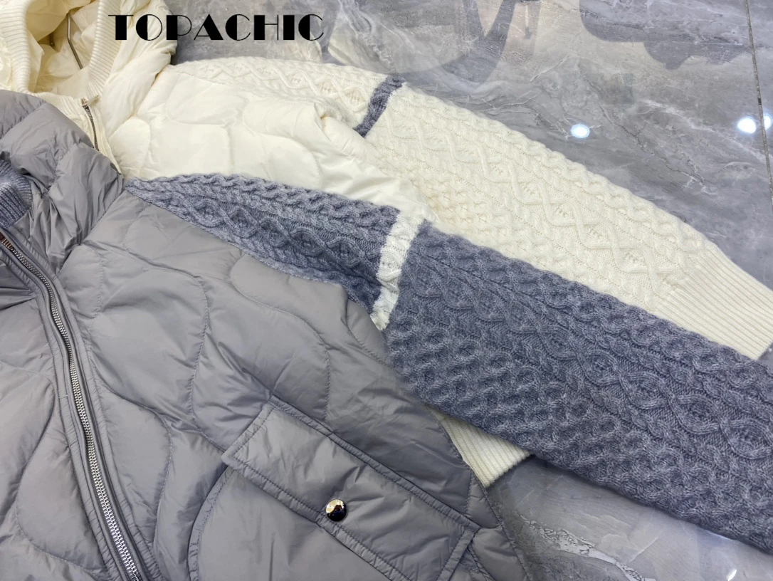 TOPACHIC-Chaqueta de plumón de pato con cremallera para mujer, abrigo de punto a rayas, manga larga, con capucha, 11,21