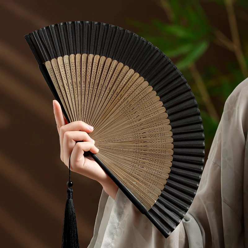 Folding fan compact and portable for summer  black solid color, Chinese style dance fan