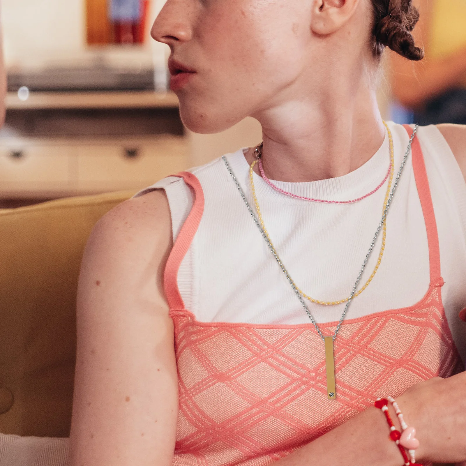 Vertical Bar Pendant Necklace Stainless Steel Couple Jewelry Rhinestones DIY Craft Valentine's Day Mothers Day