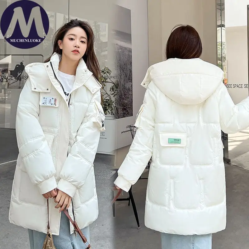 سترة شتوية نسائية أنيقة 2025 بأكمام طويلة مع قلنسوة سميكة ودافئة على الموضة الكورية معطف سترة فضفاض غير رسمي للنساء