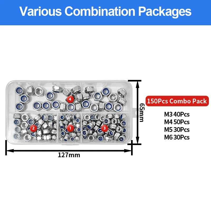 304 Stainless Steel DIN985 Nylon Insert Lock Nut Anti-Slip Self-Locking Hex Cap Full Thread Fastener M3-M6 Assortment Kit