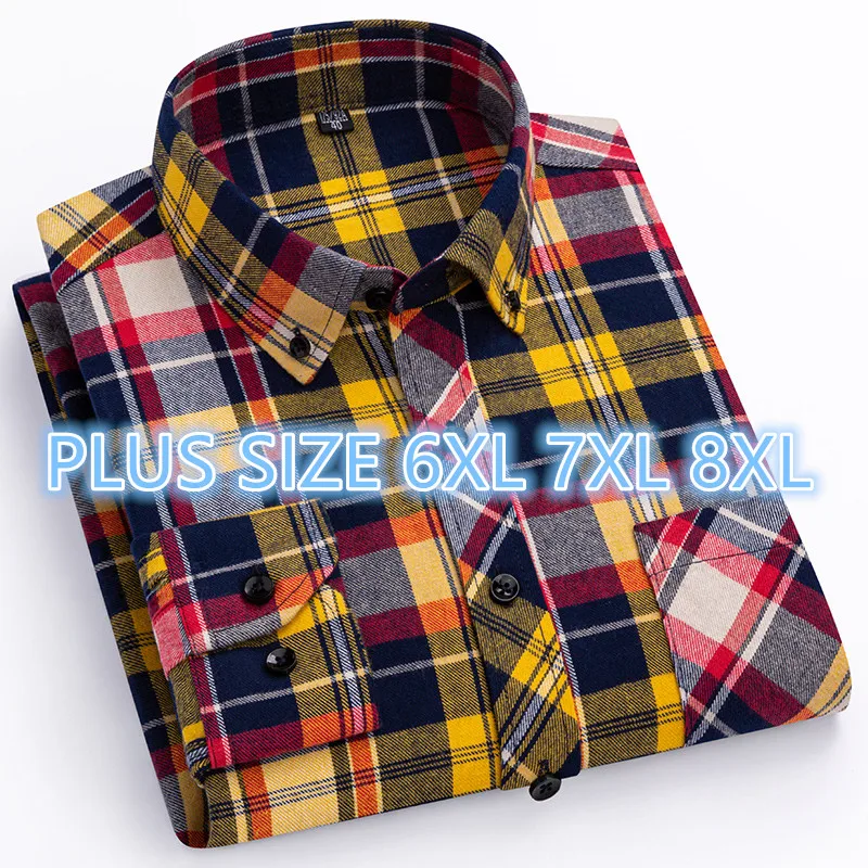 Plus Size 7XL 8XL New Men\'s Shirt Long Sleeve 100% Cotton Autumn Spring Purple Plaid Fashion Slim Fit Dating Casual Check Shirt