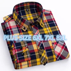 Plus Size 7XL 8XL New Men's Shirt Long Sleeve 100% Cotton Autumn Spring Purple Plaid Fashion Slim Fit Dating Casual Check Shirt