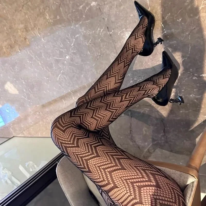 

New Design Women Sexy Fishnet Wave Pantyhose Female Hollow Out Mesh Tights Black Wine-red See Through High Waist Body Stockings