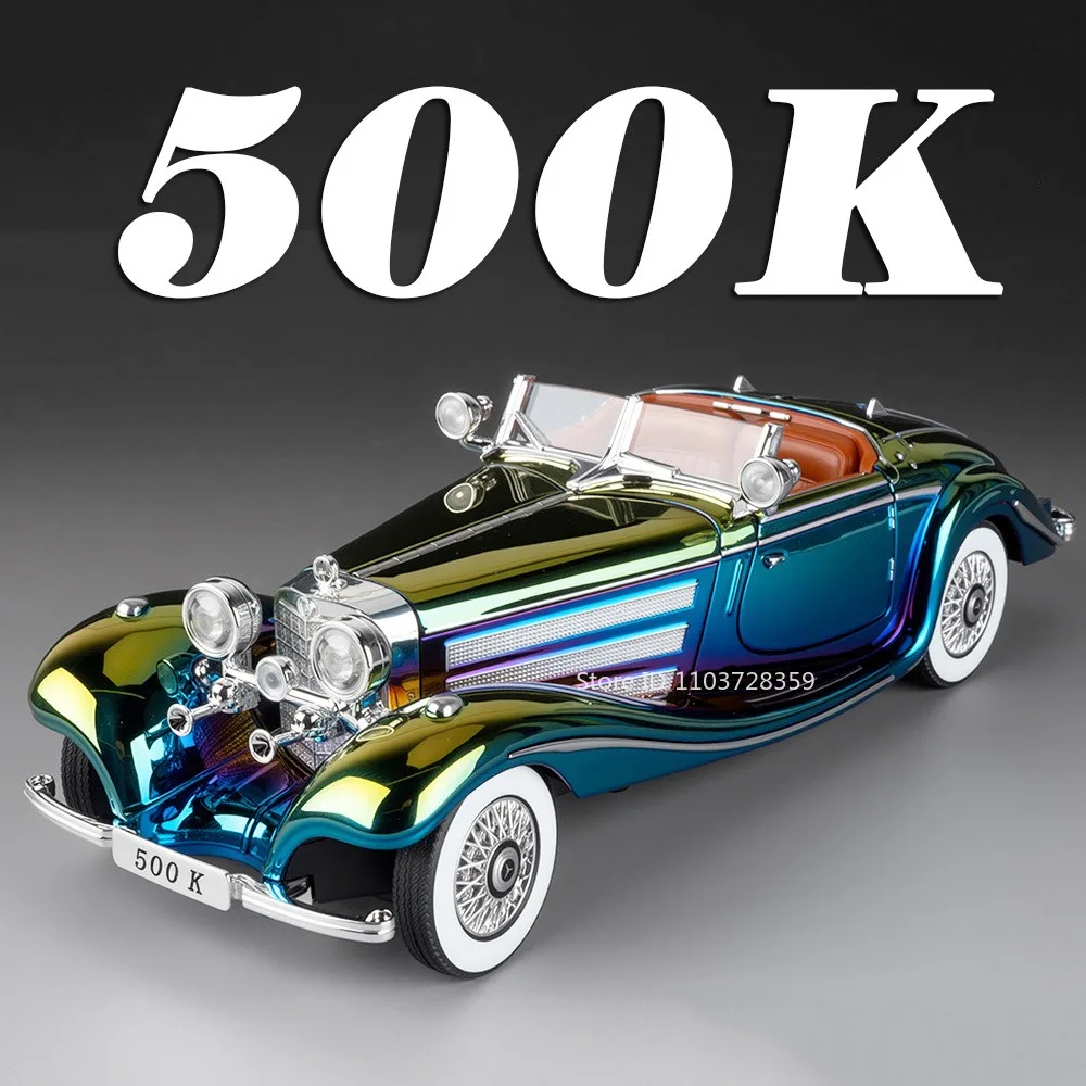 

1:24 500K 300SL миниатюрная модель винтажного автомобиля из сплава, литой под давлением звук, свет, дверь с открытой амортизацией, гальванический автомобиль для детей