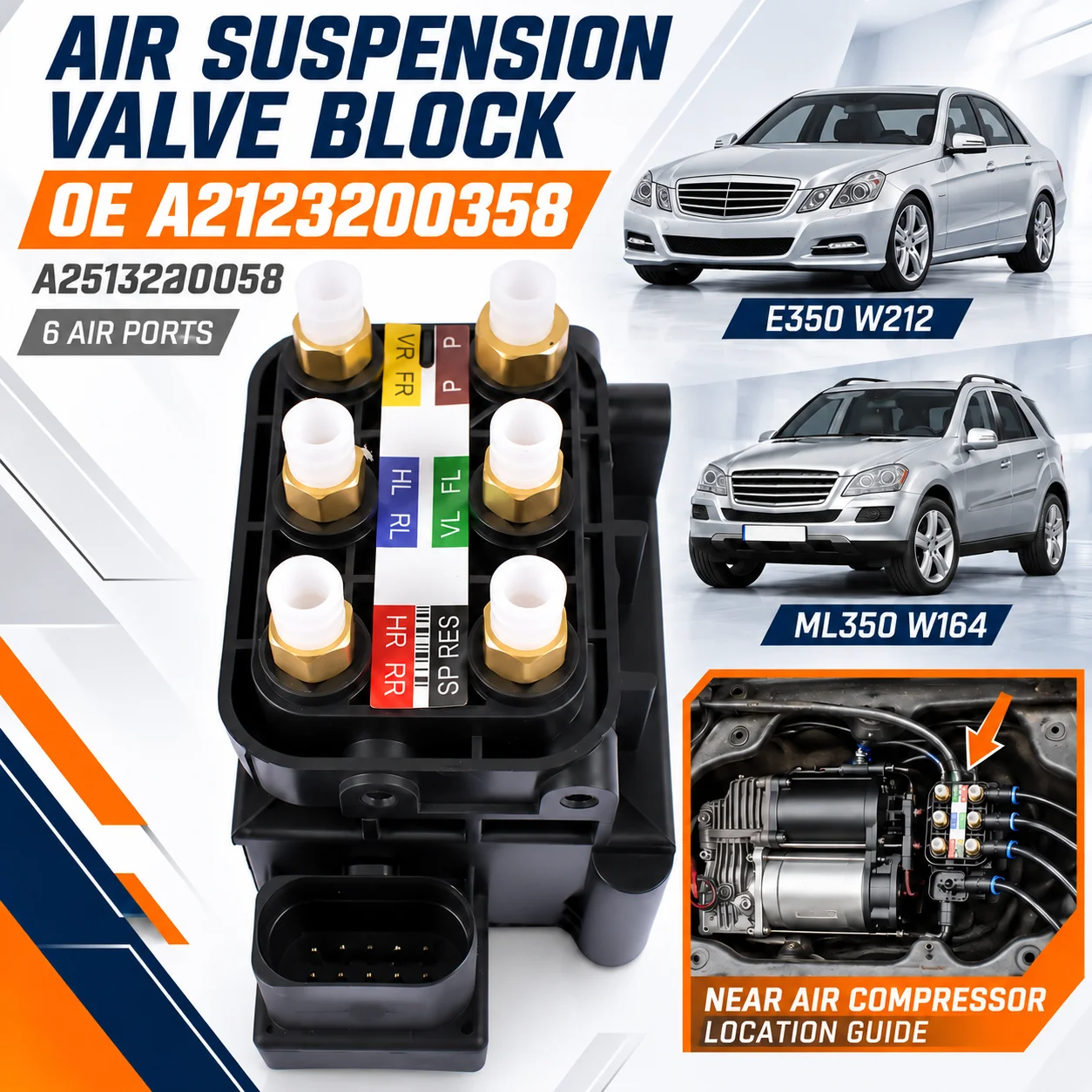 Image of AP02 Aufhängungsmagnetventilblock Luftzufuhrverteilerventil für Mercedes-Benz E350 E500 W212, S350 S500 W221, ML350 W164 W166, GL350 GL450 X164 X166 R350 W251 A2123200358 A2513200058