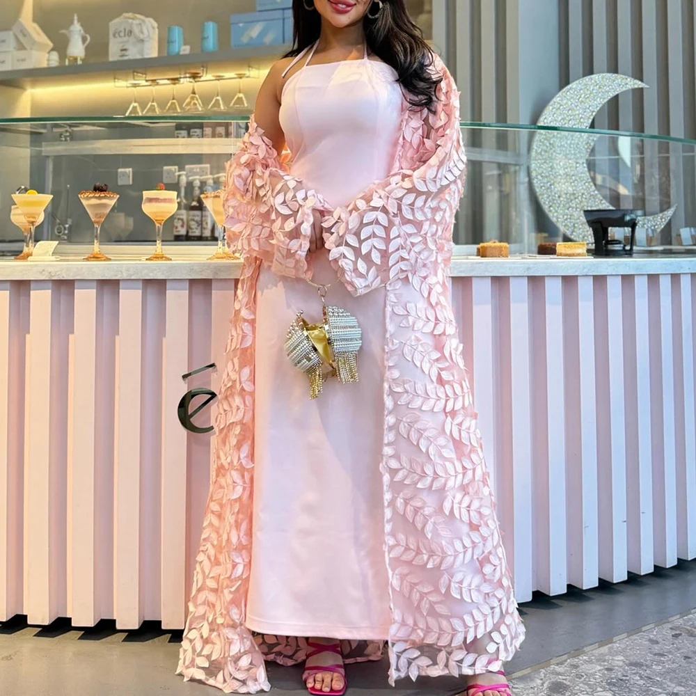 

Customized Temperament Shawl Satin Evening Dresses Fashion Straight Floor Length Halter Long Sleeves Bespoke Occasion Gowns