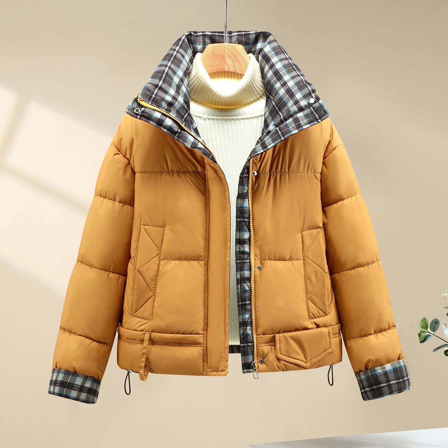 เสื้อแจ็คเก็ตผ้าฝ้ายลายสก็อตสำหรับผู้หญิง แฟชั่นเรียบง่าย คอตั้ง หนา อุ่น สไตล์เกาหลี ลำลอง หลวม