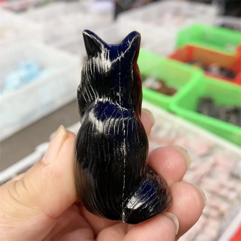 Natural Black Obsidian Wolf Carving Polished Quartz Animal Healing Stones Gems For Home Decorations 1PCS