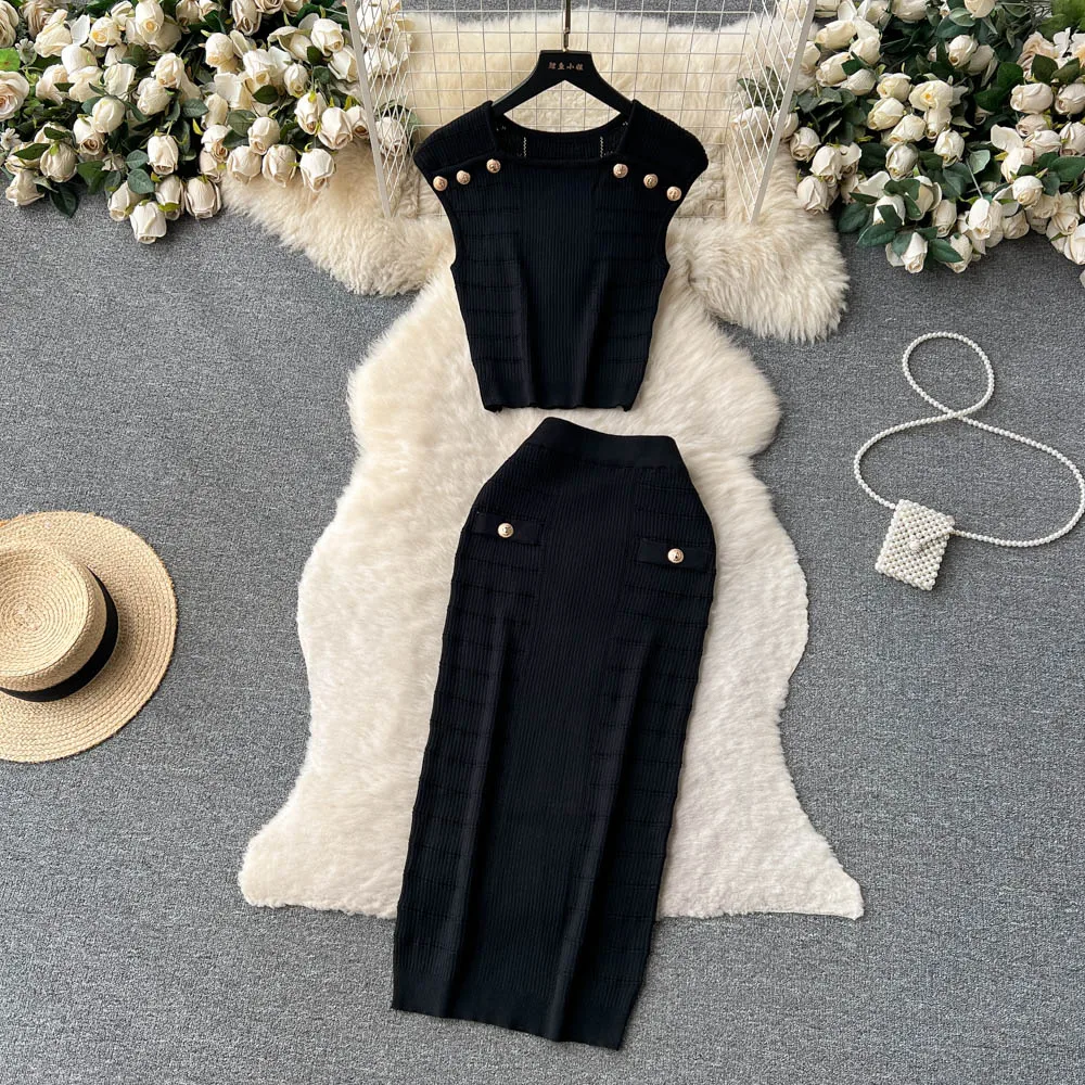 REALEFT Summer 2 Pieces Buttons Women\'s Knitted Skirts Suits Green O-Neck Tank Tops and Wrap Sheath Skirts Sets Outfits 2024 New