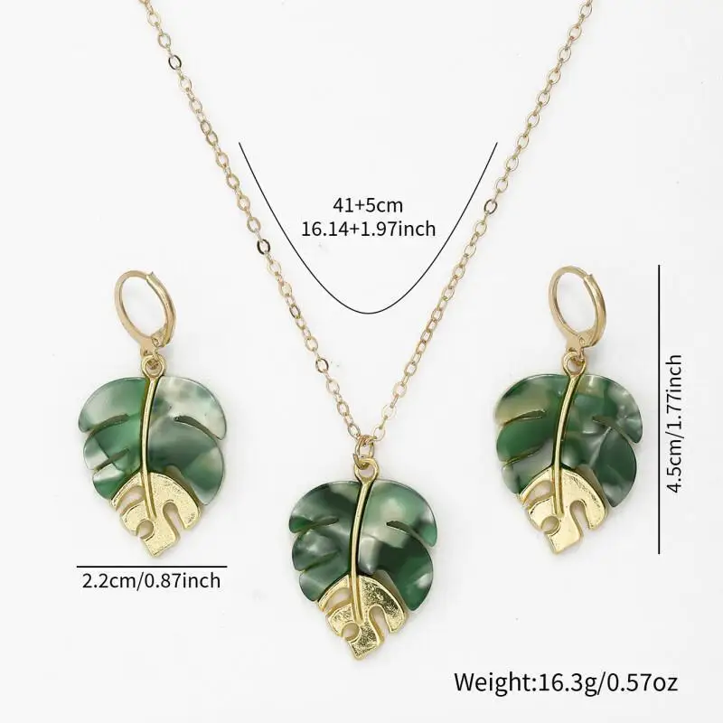 3Pcs Monstera Leaf Jewelry Set Green Tropical Pendant Necklace & Drop Earrings Boho Vacation Party Gift