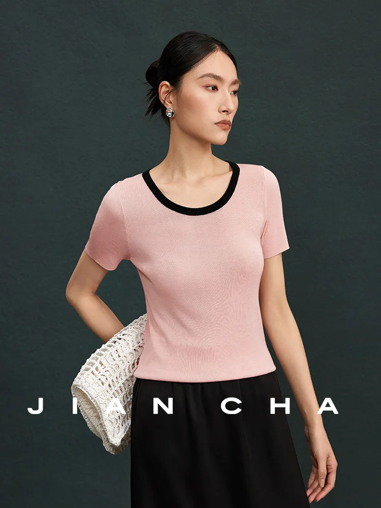 

Модный летний пуловер Jiancha Color Blo с высоким воротником и U-образным вырезом, из смесового шелка, с коротким рукавом, круглым вырезом