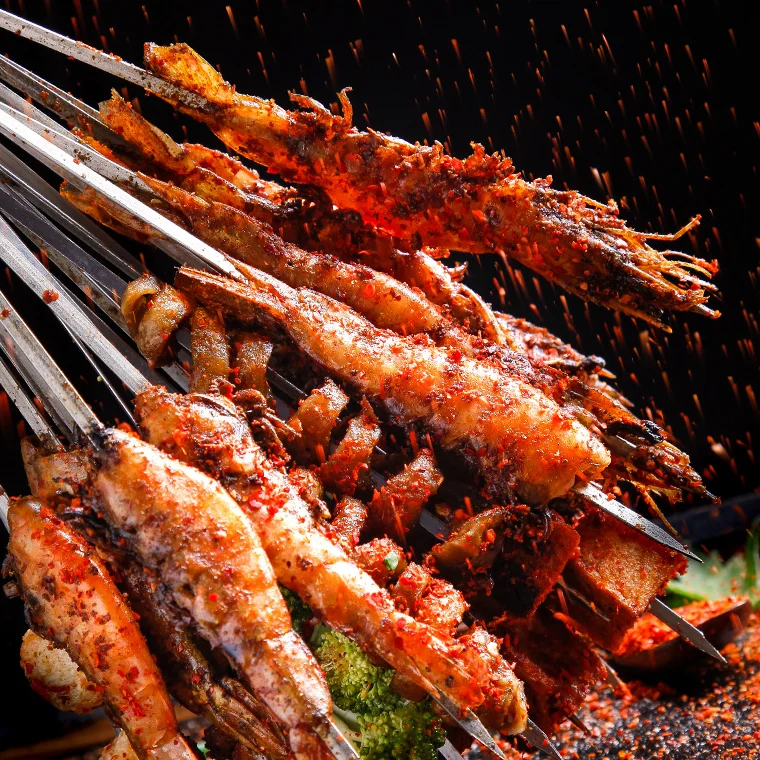 Cheap Wholesale Reusable Stainless Steel Flat Barbecue Skewers BBQ Grilling Accessories