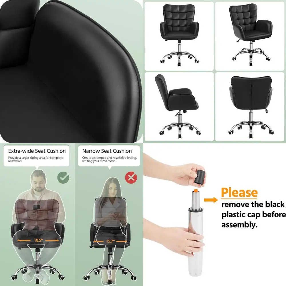 

Эргономичное регулируемое офисное кресло из искусственной кожи с широким сиденьем и мягкими подлокотниками для дома или кабинета, черное