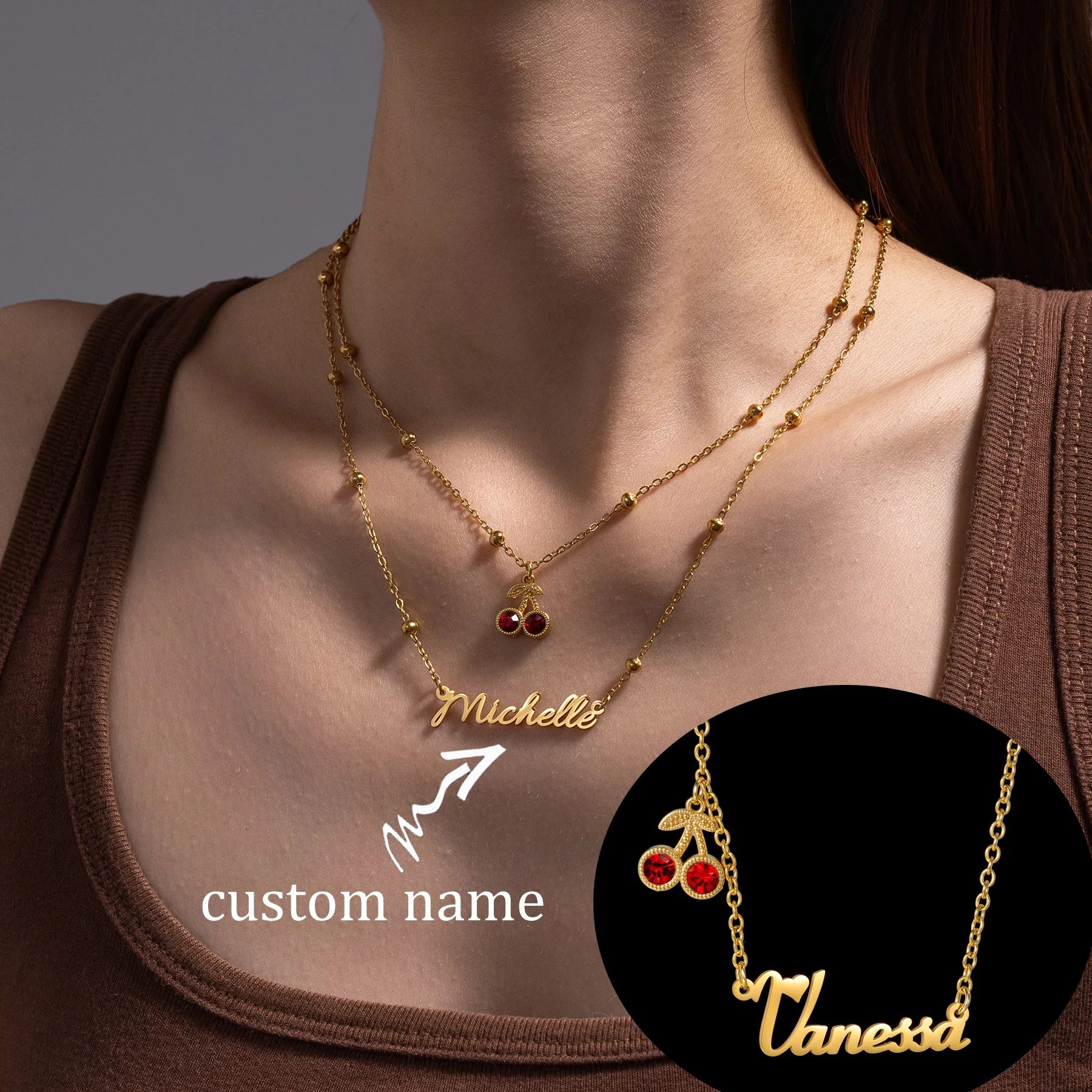 

Personalized Custom Name Cherry Necklace for Women Stainless Steel Customized Cherry Pendant Beaded Chain Christmas Jewelry Gift