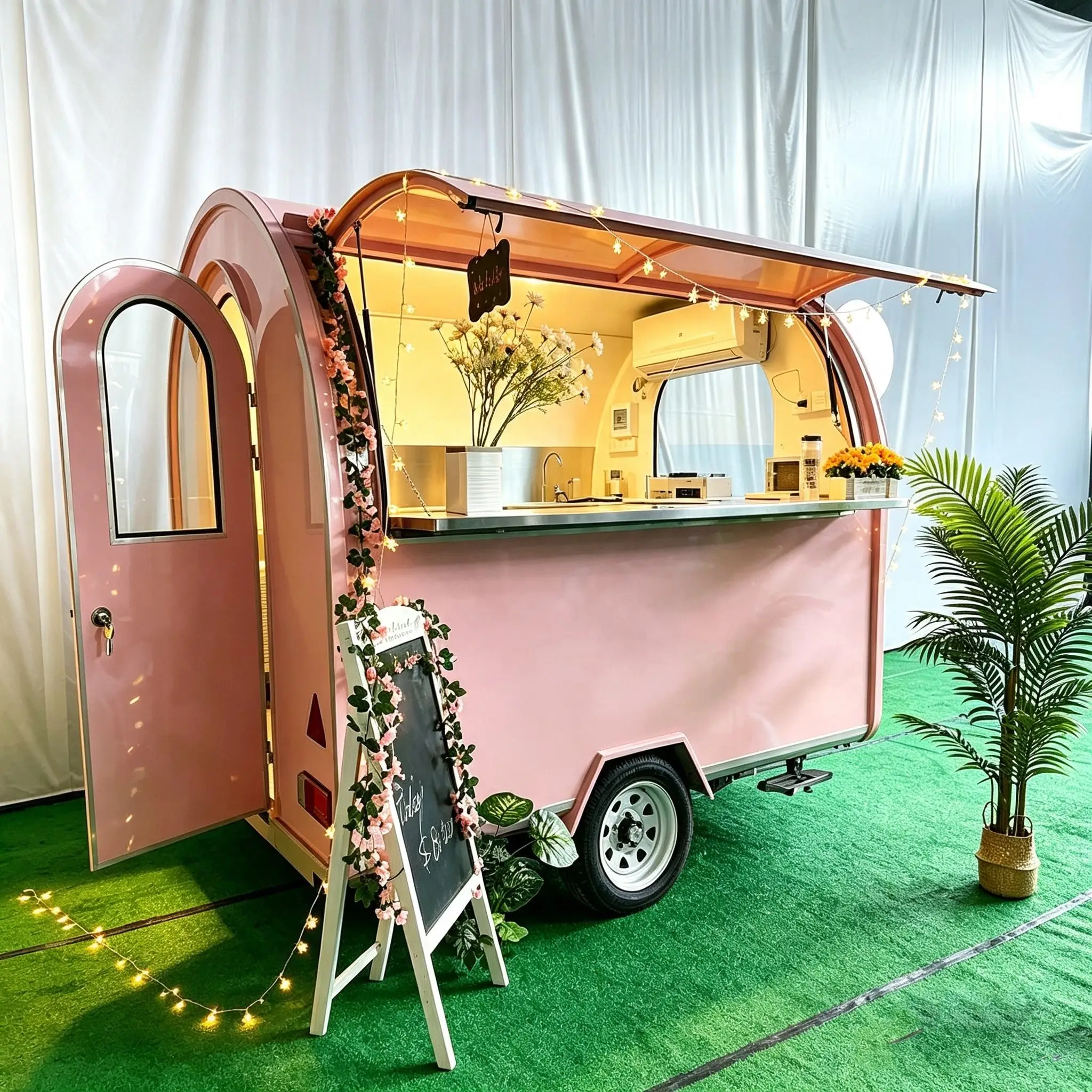 Pink Curved Food Trailer Concession Truck Fit for Ice Cream Bubble Tea Crepe Waffle Dessert Business Street Wedding Market Event