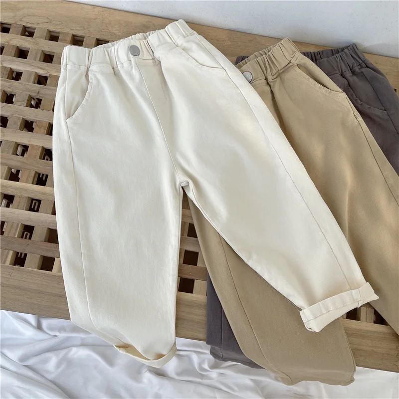 2-7Y New Autumn Casual Pants Solid Color Elastic Waist Pants with Side Pockets for Boys Girls Cotton Trousers Daily image 2