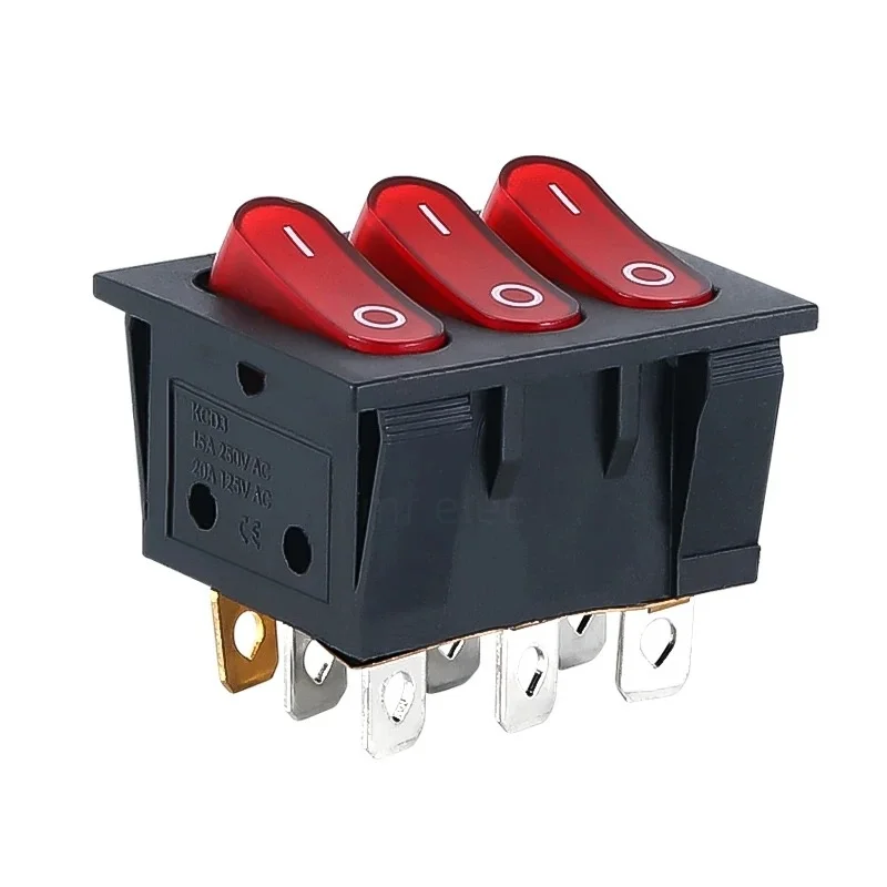 rocker switch KCD3   9pin 2 gear red with light 3chip  three row  switch power supply  2 Position ON-OFF/ON-ON 16A/30A 250VAC