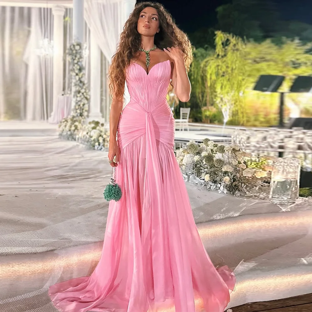 Pink Organza Evening Dress Customized Sexy Sweetheart Sleeveless Celebrity Gowns Classic Mermaid Sweep Train Prom Dresses