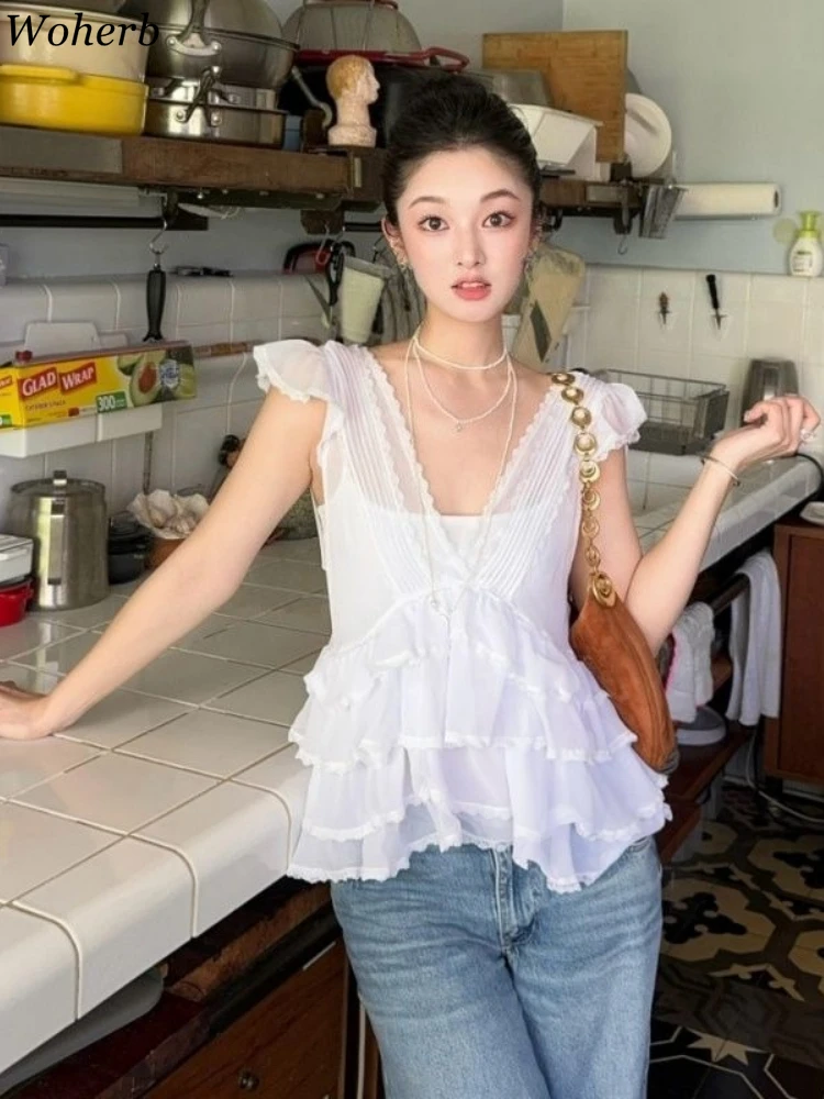 

2025 Camisas De Mujer Vintage Blouses Women Clothing V-neck Flying Sleeves Ruffles Shirts Fashion Summer Y2k See Through Blouse