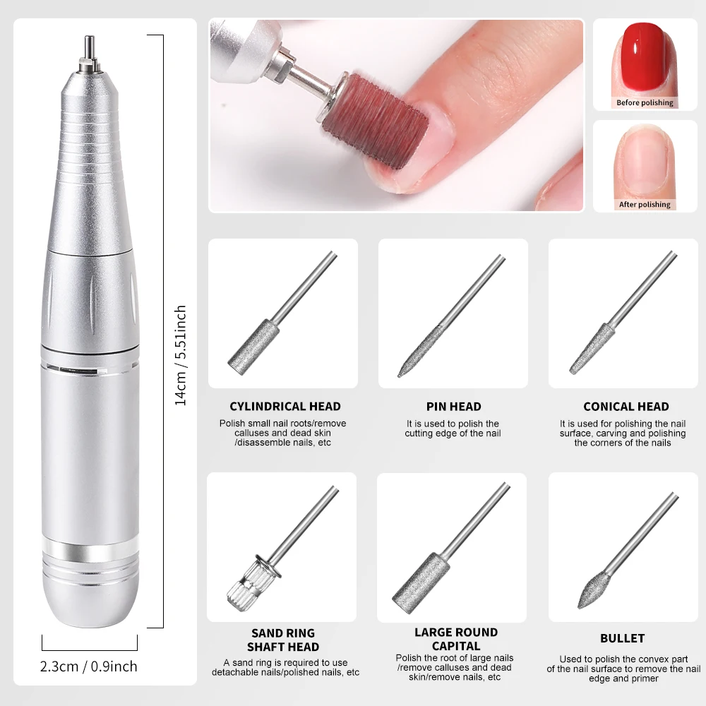電気ネイルドリルファイルプロフェッショナルアクリルジェルディップパウダーネイルポータブルマシンキットマニキュアペディキュアツール研磨用