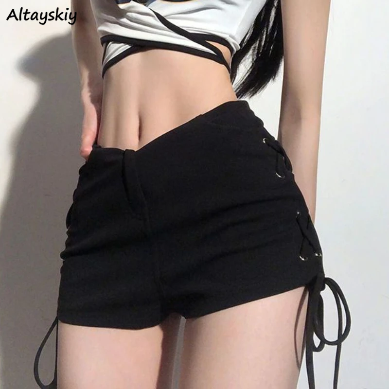 American Black Shorts for Womem Sexy Lace-up Slim Fashion Summer Hot Girls Streetwear High Waist Casual All-match Chic College