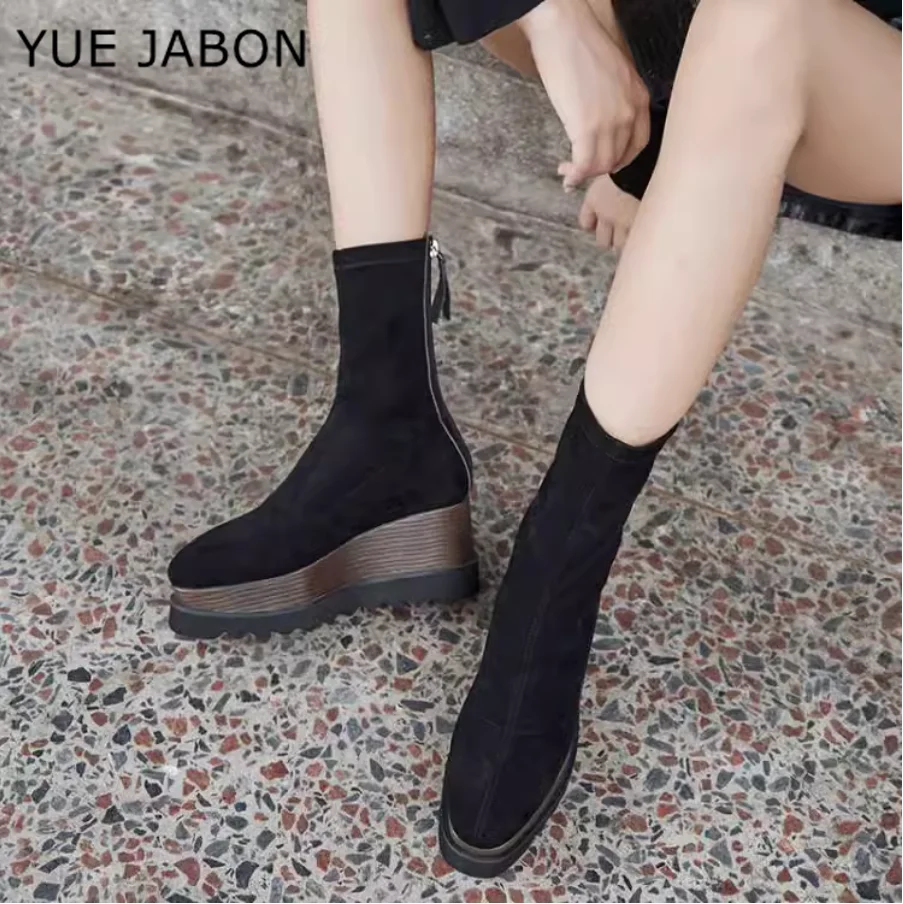 Black 2024 Stretch Suede Western Cowgirl Boots Black Grey Cowboy Ankle Boots for Women High Platform Boots Short Casual Shoes