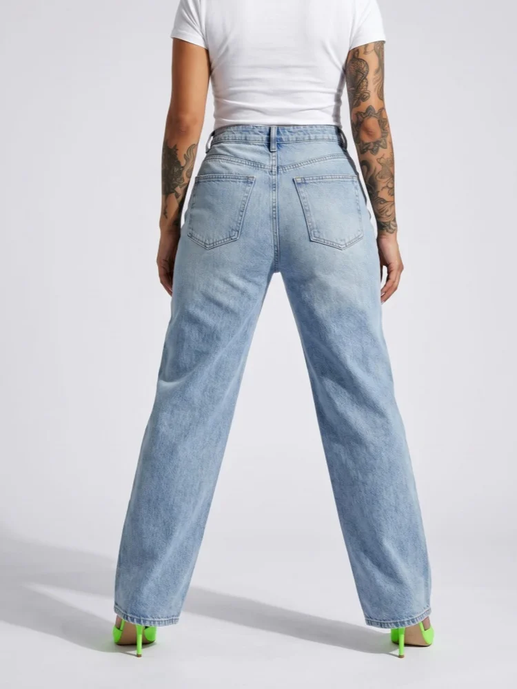 2026 Gothic Y2K Style Hollow Metal Ring Washed Blue Baggy Women's Jeans Pants For Woman Clothing Straight Loose Denim Trousers
