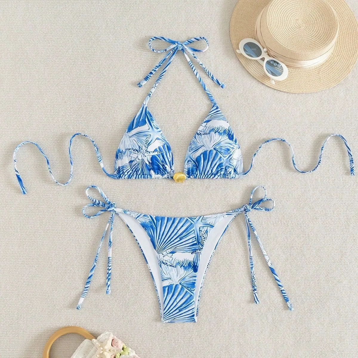 sexy blue starfish print metal shell bikinis sets two pieces thong micro swimsuits bathing suit swimwear biquini tankini